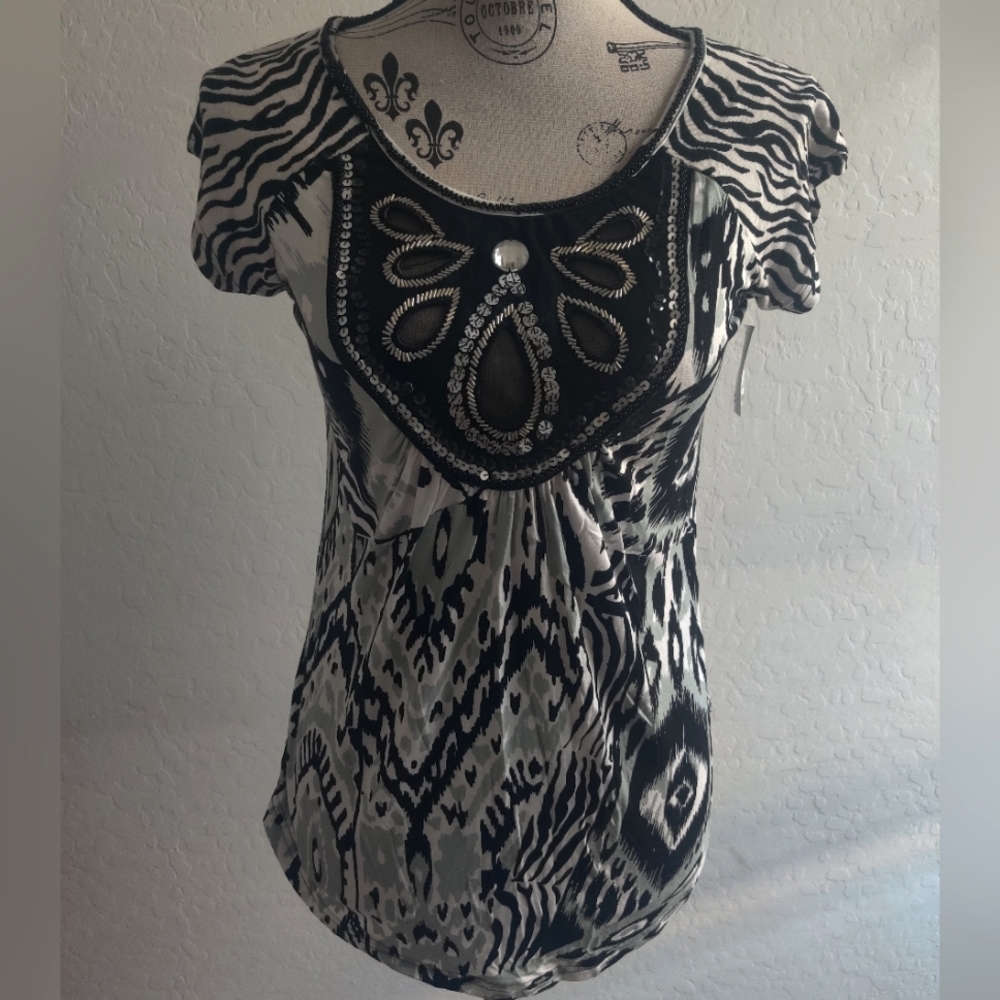 🆕 Bless-i-tude Patchwork Zebra print Mesh Sequin Embellished Artsy Shirt_XS